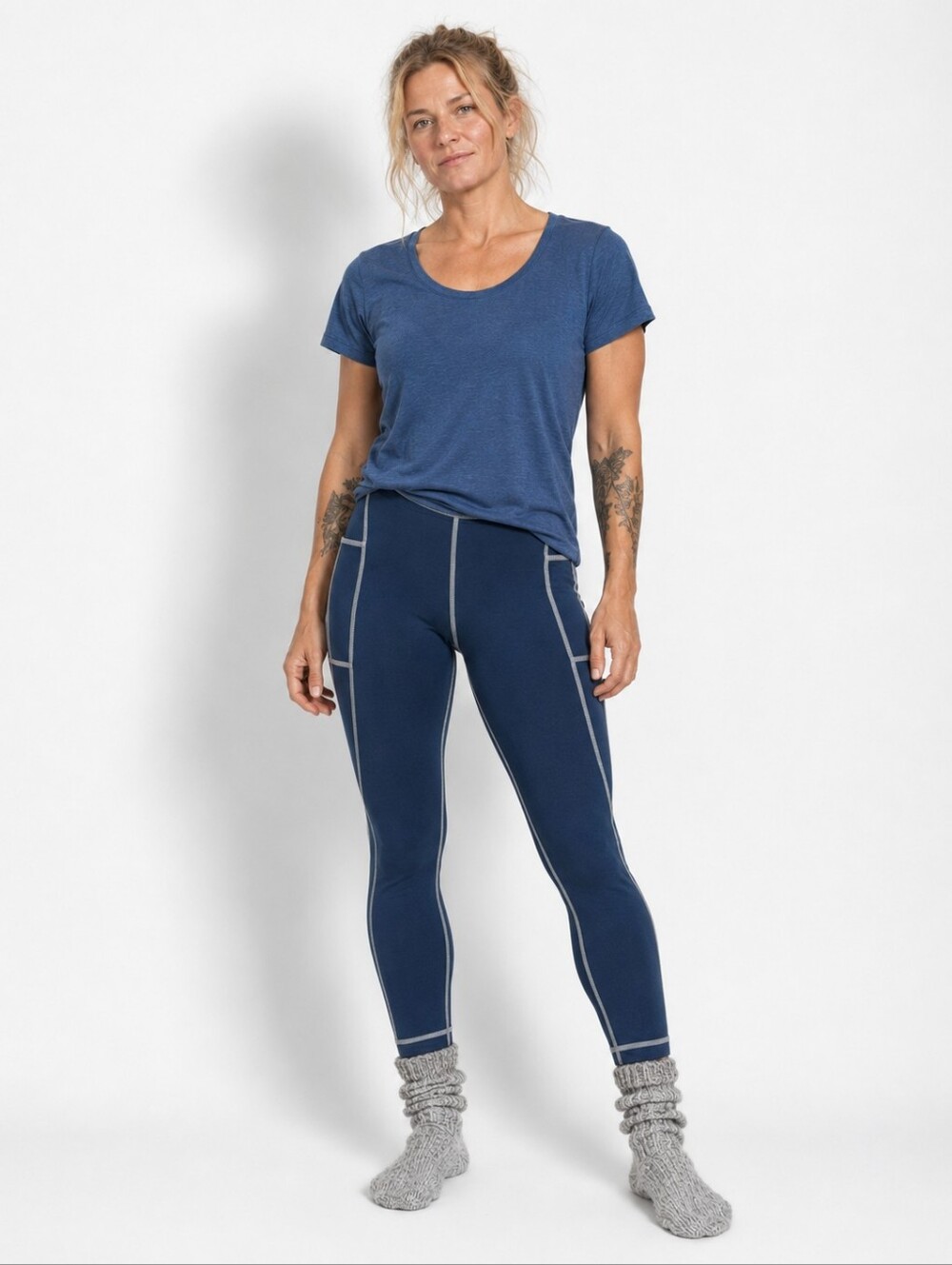 DULUTH TRADING Wool Base Layer Wickerino Leggings Side Pockets Blue Large
